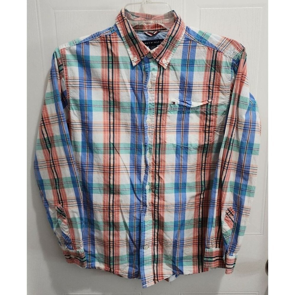 Tommy Hilfiger Pastel Plaid Long Sleeve Boys Youth Size Large 16/18 Cotton